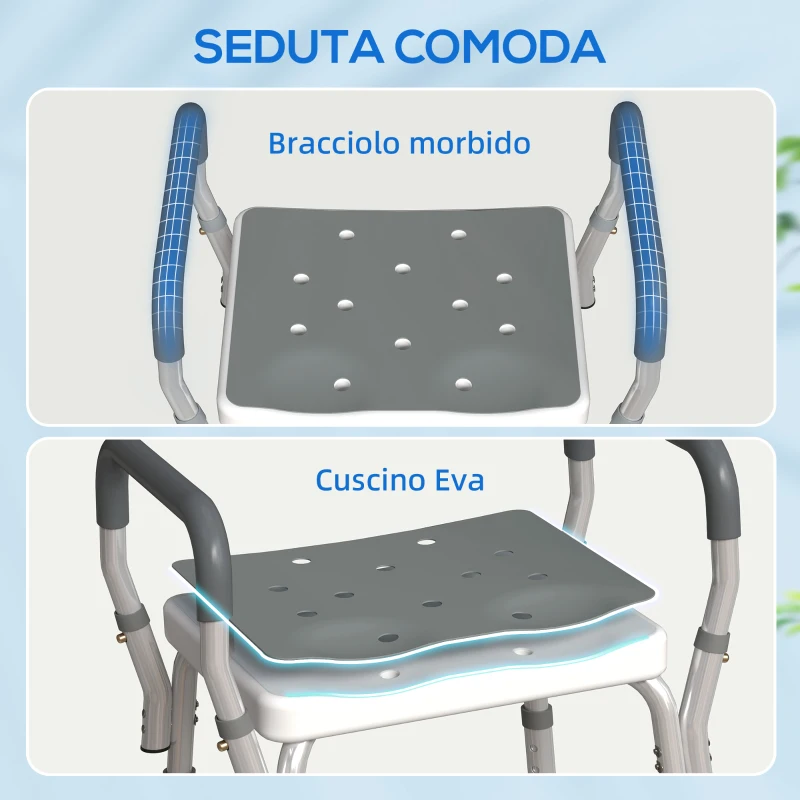 HOMCOM Sgabello per Doccia Regolabile con Braccioli e Fori di Drenaggio in Alluminio, 52x45x57-69 cm, Grigio