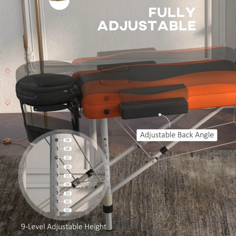 HOMCOM Foldable Massage Bed Portable Table, 3-Section Aluminium Foldable Beauty Couch, Professional Salon Spa Table with Headrest Support, 60 cm Width, Black and Orange