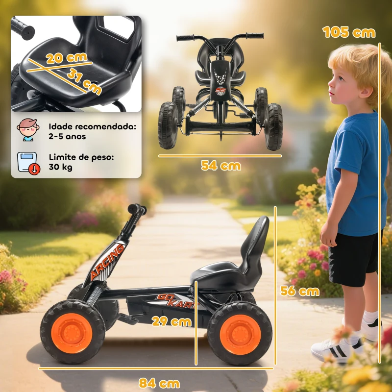 AIYAPLAY Kart a Pedais Go-Kart com Rodas PP Estrutura de Aço Carga 30 kg para Crianças 2-5 Anos 84x54x56 cm Preto