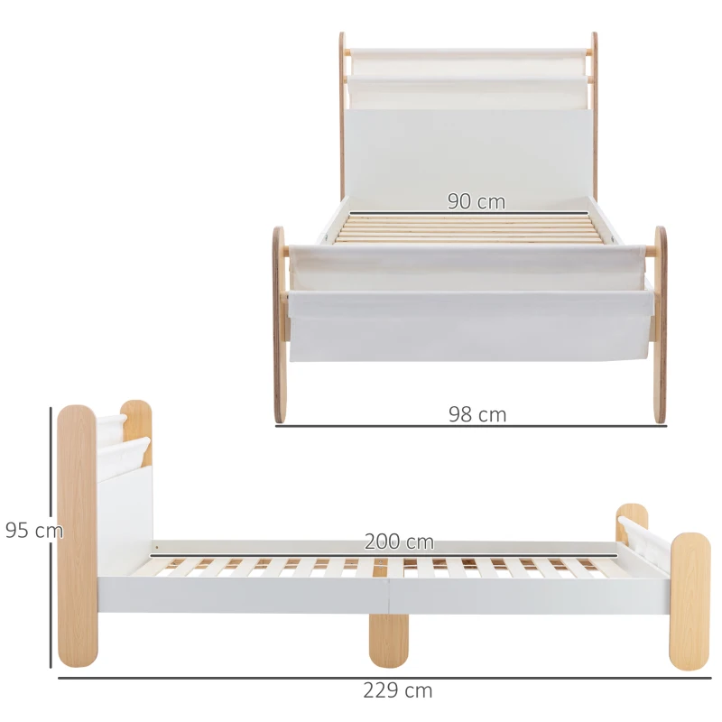 HOMCOM kinderbed jeugdbed met speelgoedtas vanaf 3 jaar grenen hout wit