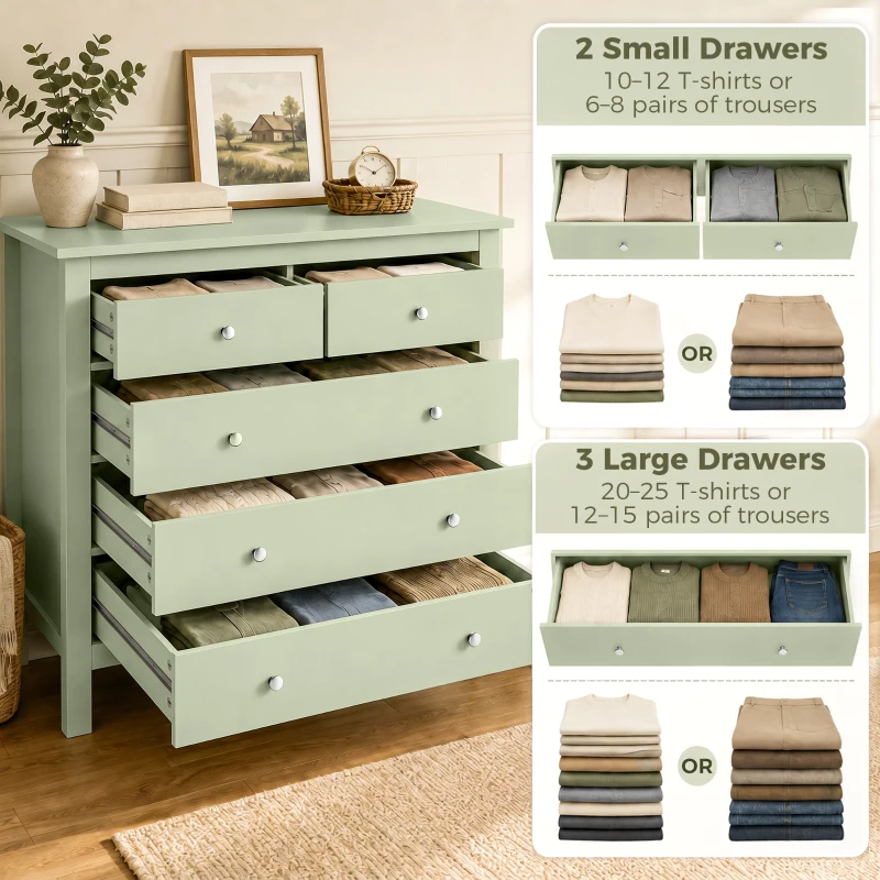 HOMCOM 5 Drawer Chest of Drawers, Modern Dresser for Bedroom, Bedside Storage Cabinet, Wide Storage Unit with Glide Runners for Living Room, Hallway, Closet, 79 x 39.5 x 80.5 cm, Sage Green