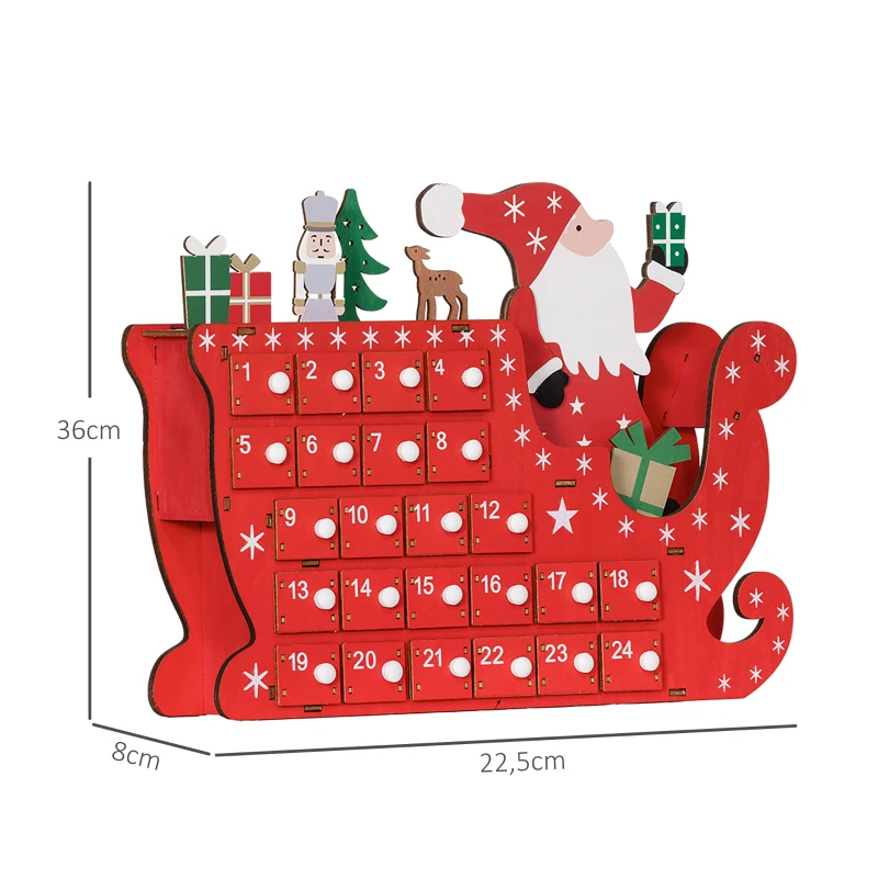 HOMCOM Calendrier de l'Avent à remplir en bois, décoration de Noël avec 24 tiroirs, Père Noël et traîneau, 22,5x8x36cm, rouge