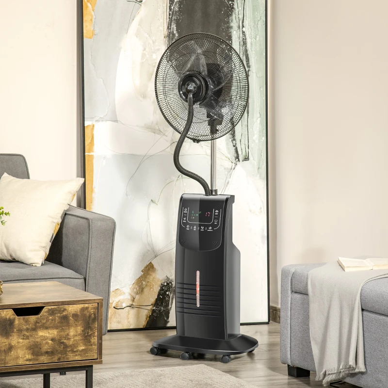 HOMCOM Ventoinha Nebulizadora 90W com Oscilação Depósito de Água 3,1L 3 Velocidades Temporizador e Rodas 44,5x44,5x135 cm Preto