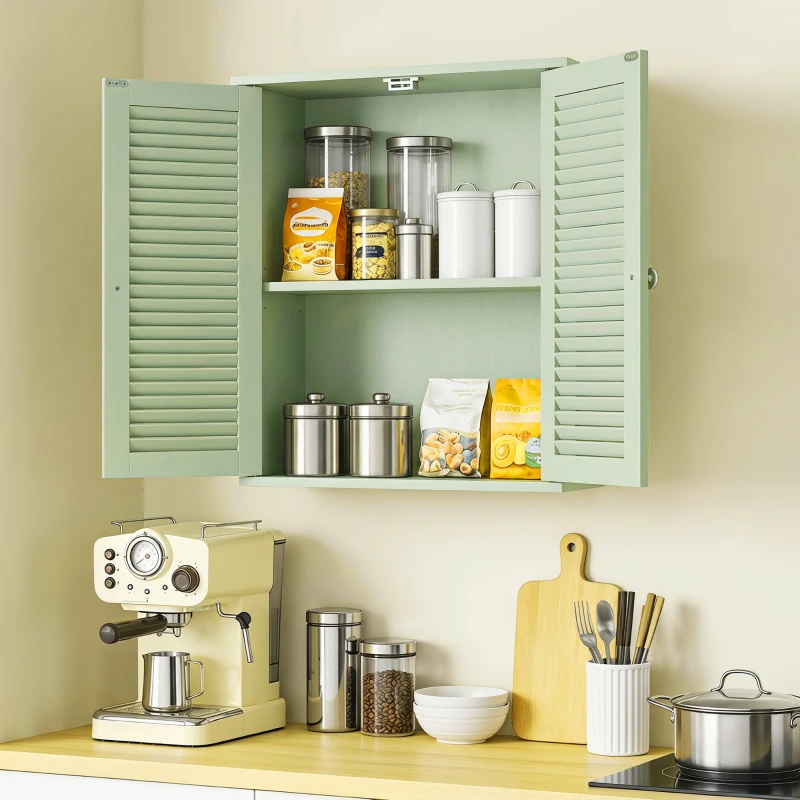 HOMCOM Armoire murale de salle de bain, meuble de rangement suspendu avec 2 portes persiennes et étagère réglable, vert