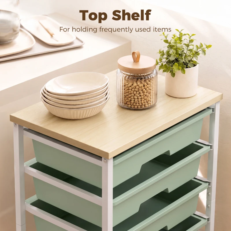HOMCOM 6-Tier Storage Trolley on Wheels, Metal Kitchen Rolling Cart with 5 Pull-Out Drawers, Green