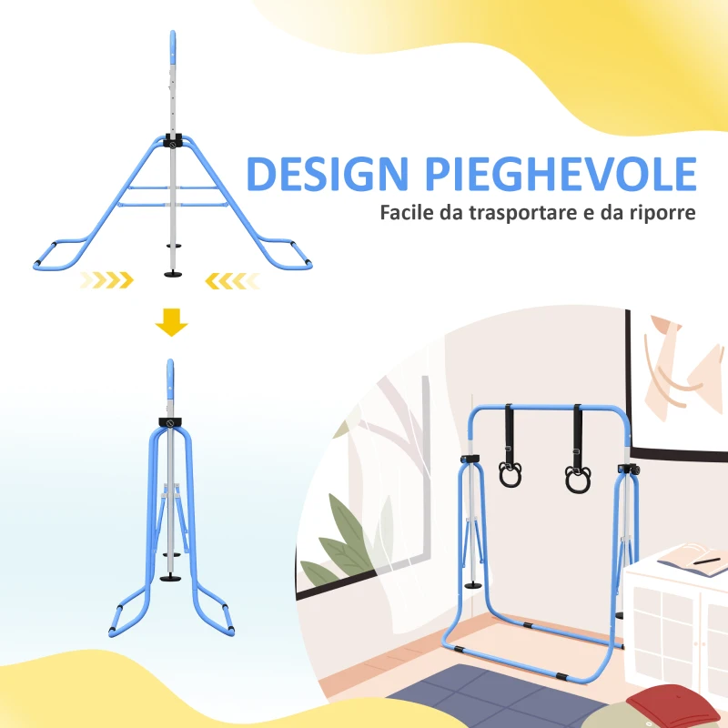HOMCOM Sbarra Ginnastica Artistica per Bambini ad Altezza Regolabile con 2 Anelli, in Acciaio, 148x105x88-128 cm, Blu