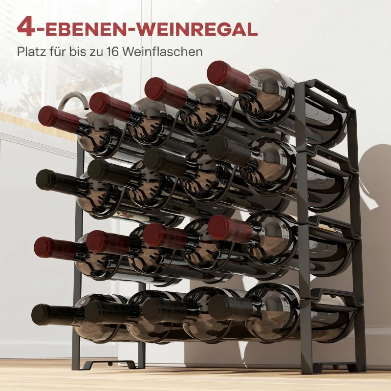 HOMCOM Suport pentru Sticle cu 4 Nivele Ondulate Stivabile pentru 16 Sticle, din Metal, 42,5x16,5x41 cm, Negru