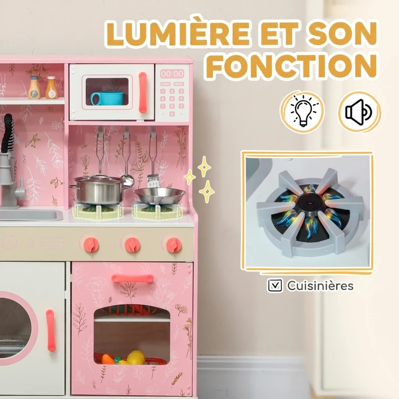 AIYAPLAY Cuisine Enfant avec Glaçons, Micro-ondes, Four, Plaque, Évier, Machine à Laver, Tableau, 90x 33,3x91,6cm, Rose