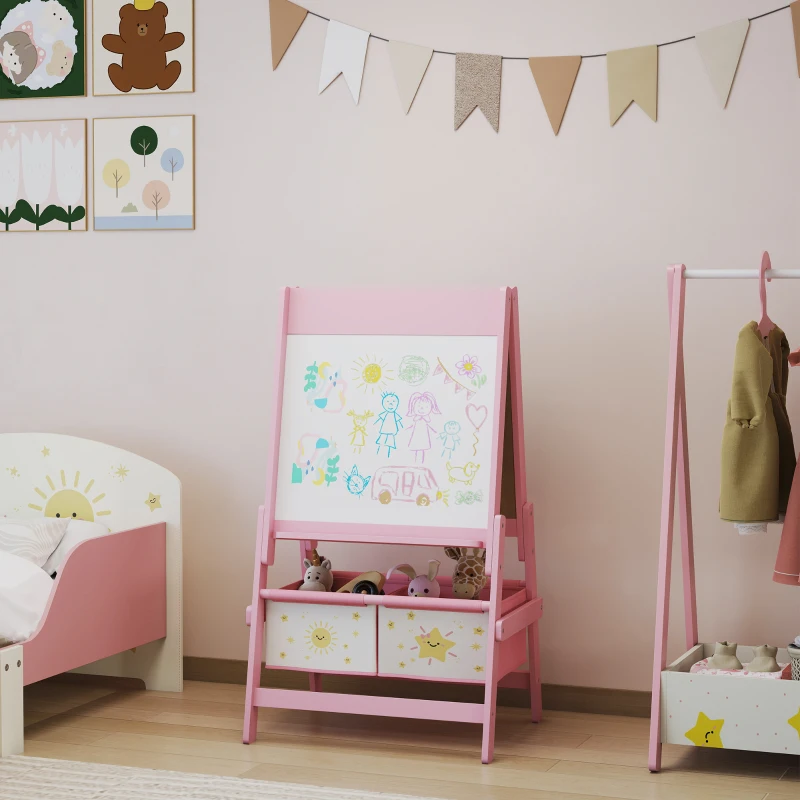 AIYAPLAY Lavagna per Bambini 3 in 1 con Cavalletto, Rotolo di Carta e 2 Cestelli, in Legno, 54x46x94 cm, Rosa