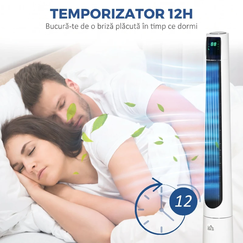 HOMCOM Ventilator turn 50W cu 3 moduri și 3 viteze, timer de 12h, din ABS, Ø32x118,2 cm, alb