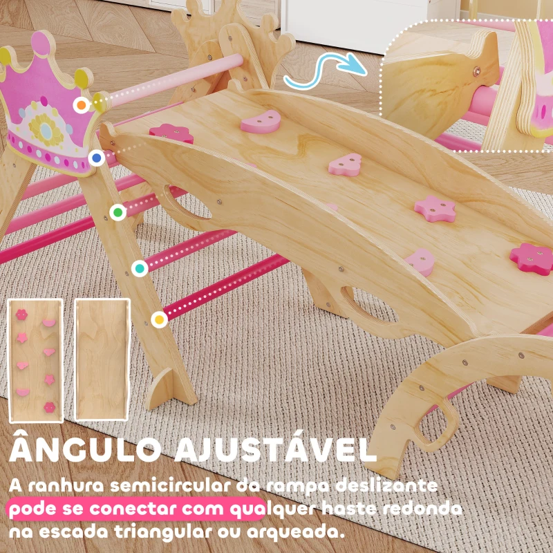AIYAPLAY Conjunto de Escalada em Madeira para Crianças Tema de Coroa com Arco e Rampa para Deslizar ou Escalar  Rosa