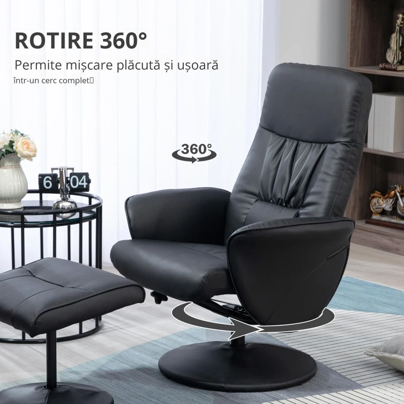 HOMCOM Set de 2 piese Fotoliu cu Taburet Fotoliu de relaxare cu Taburet, reglabil în înălțime, spătar înclinabil, Negru
