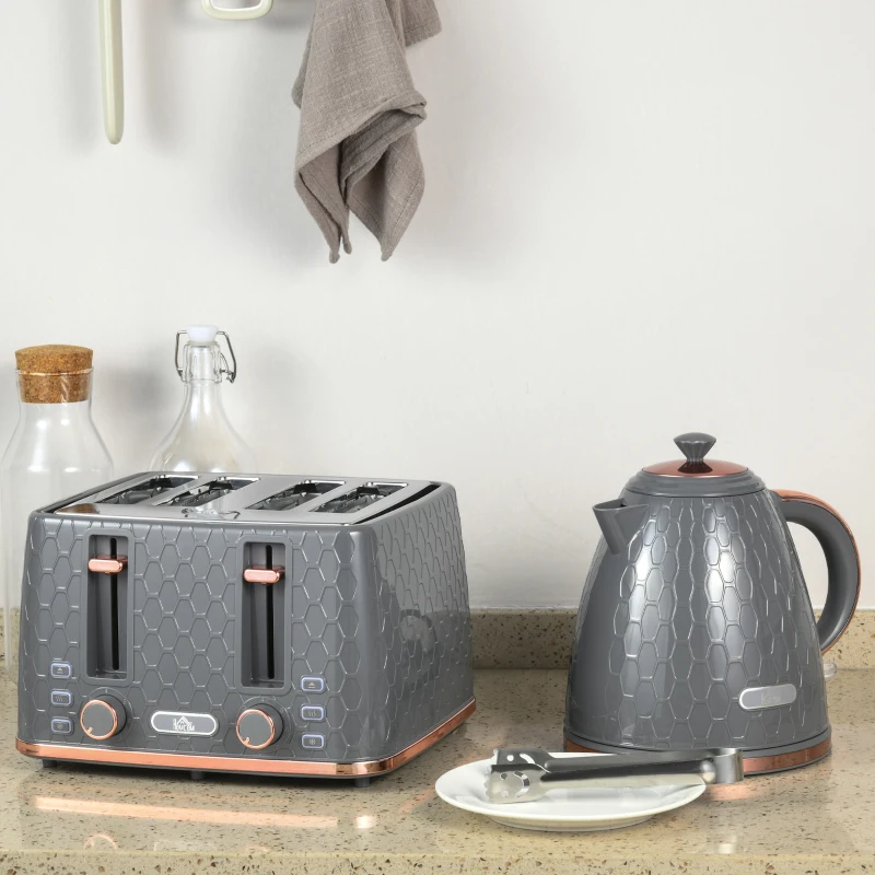 HOMCOM 1.7L 3000W Fast Boil Kettle & 4 Slice Toaster Set, Kettle and Toaster Set with 7 Browning Controls, Crumb Tray, Grey