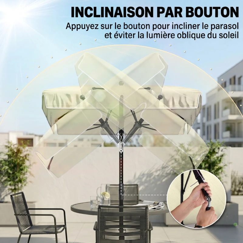 Outsunny Parasol de jardin Parasol droit rectangulaire inclinable alu métal polyester haute densité 2 x 1,3 m beige clair