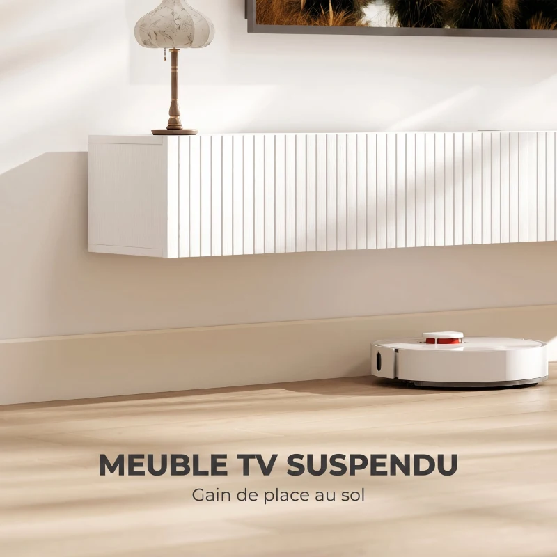 HOMCOM Meuble TV suspendu 180cm, meuble télé pour téléviseur 72 pouces, 2 portes rabattables, 180x25x22cm, blanc