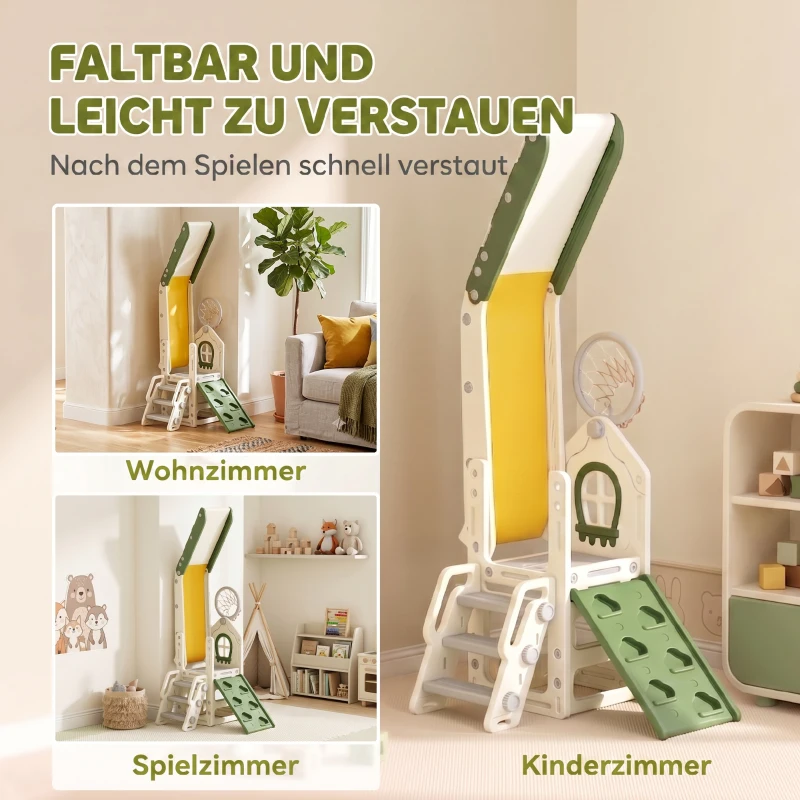 AIYAPLAY Faltbare 5-in-1 Kleinkinderrutsche mit Kletterelement, Basketballkorb, Stauraum und Basketball für Kinder von 1-3 Jahren, Cremeweiß