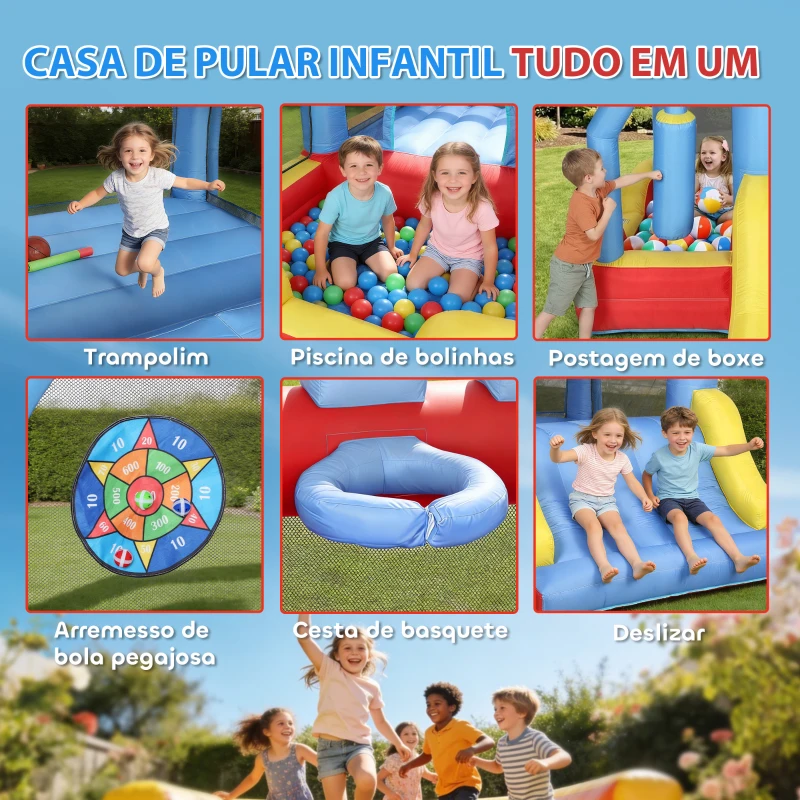 AIYAPLAY Castelo Insuflável para Crianças com Soprador Escorrega Trampolim Piscina Coluna de Boxe e Cesto de Basquetebol 277x270x215 cm