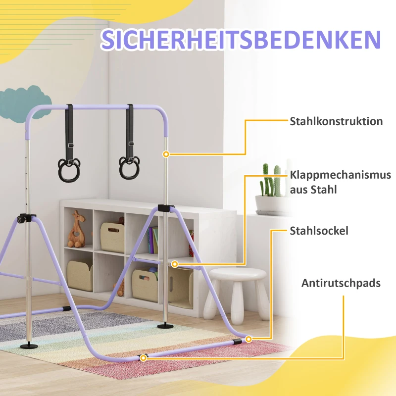 HOMCOM Kinder-Turnbarren mit Ringen, höhenverstellbar, klappbar, rutschfest, Stahlrahmen, 148x105x88-128 cm, Pink