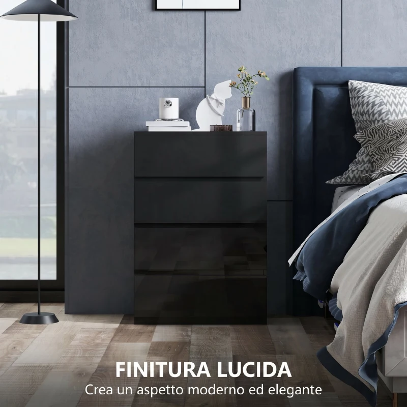 HOMCOM Cassettiera 4 Cassetti in Legno, Comò per Camera da Letto Moderno e Multiuso, 55x33x80 cm, Nero