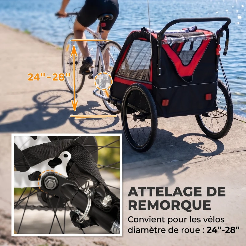 AIYAPLAY Remorque vélo enfant 2 en 1, poussette vélo bébé 2 places, guidon réglable, frein à main, ceinture de sécurité, rouge