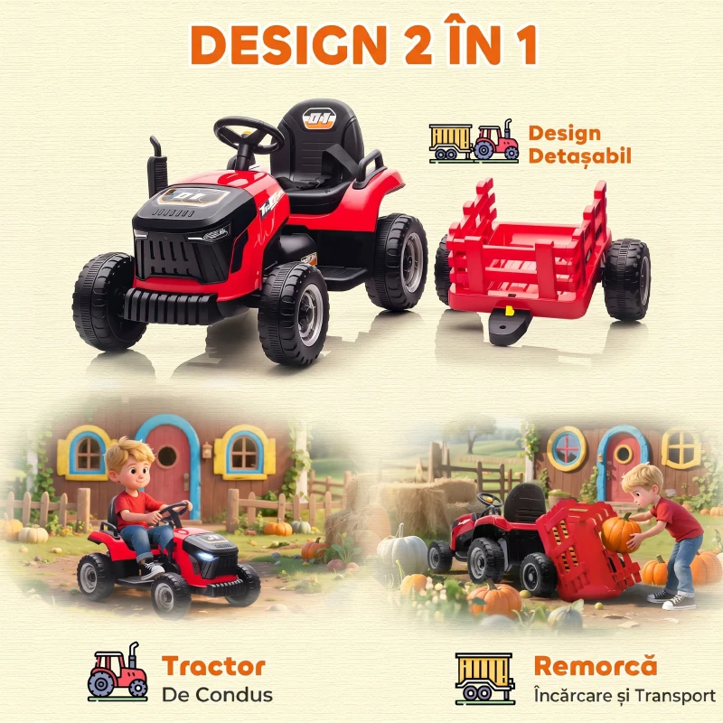 AIYAPLAY 2 în 1 Tractor Electric pentru Copii 3-8 Ani cu Remorcă Detașabilă, Telecomandă, Muzică, Lumini, Roșu