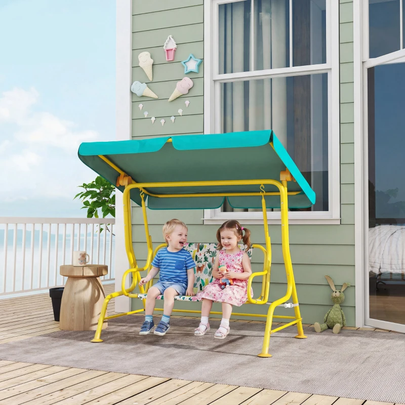 AIYAPLAY 2-persoons kinder Hollywoodschommel met verstelbaar zonnescherm, veiligheidsgordel voor 3-6 jaar tot 60 kg 112x75x120cm Groen