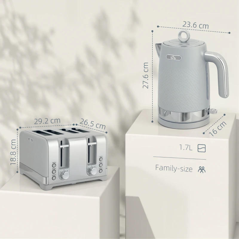 HOMCOM Sleek Textured Kettle and Four-Slice Toaster Set - Grey
