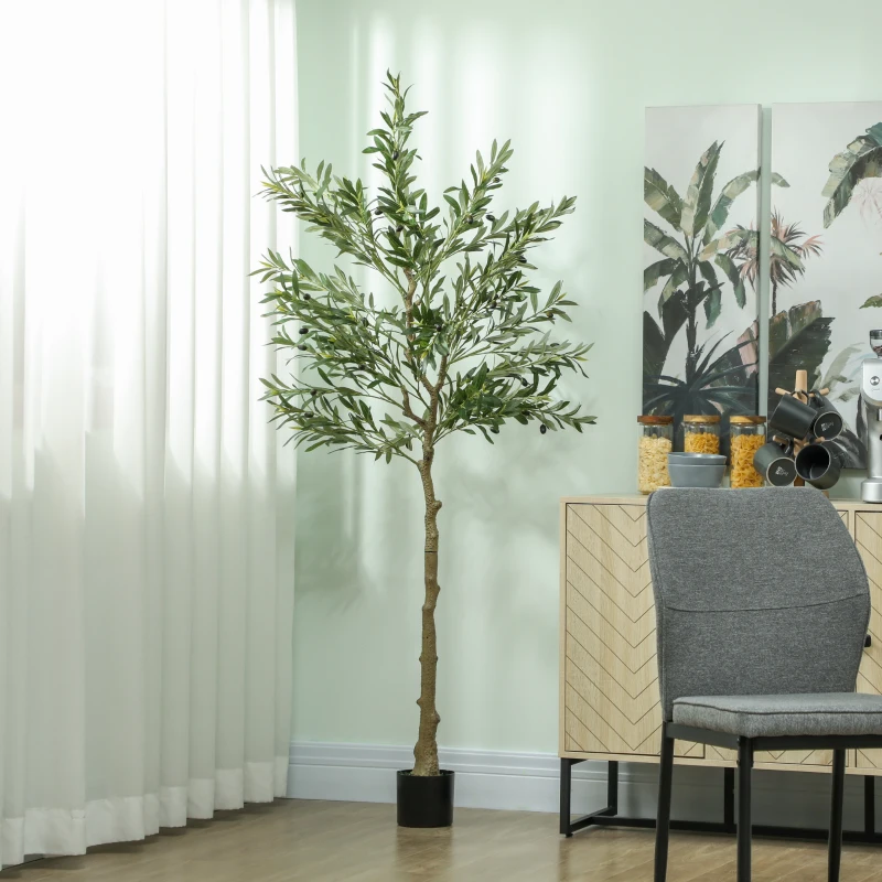 HOMCOM Kunstpflanze, Künstlicher Olivenbaum, 180 cm, 900 Blätter, 40 Oliven, stabiler Blumentopf, Dekorationspflanze, Grün
