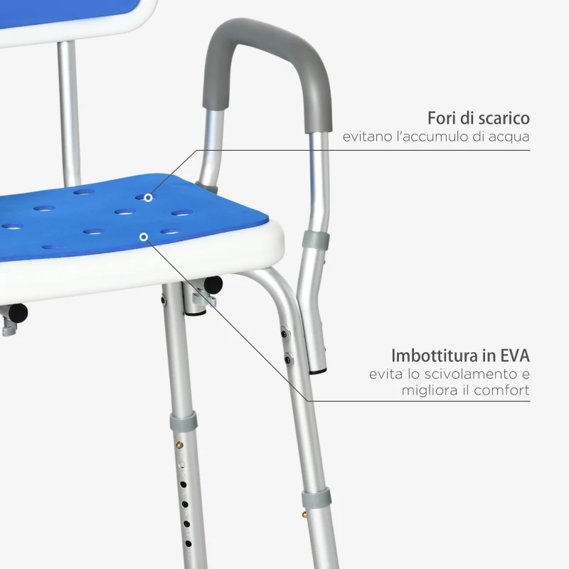 HOMCOM Sedia per Doccia con Imbottitura e Altezza Regolabile, Braccioli e Piedini a Ventosa