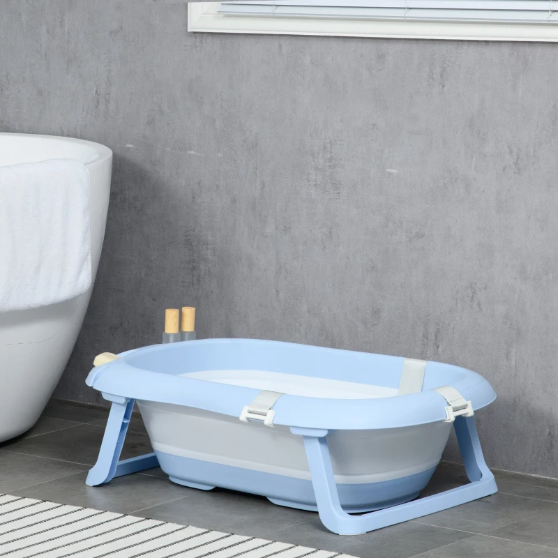 ZONEKIZ Vaschetta Bagnetto Pieghevole Bambini 0-6 Anni con Cuscino e 2 Ripiani, 83x48x23.5 cm, Blu e Bianco