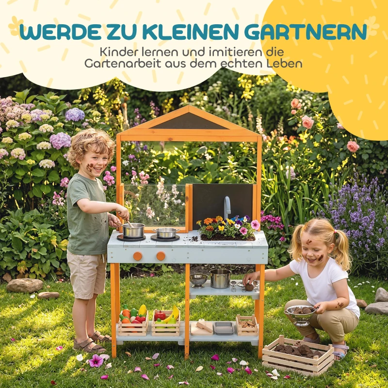 AIYAPLAY Matschküche Kinder Outdoor Spielküche Holz mit Herd Abnehmbarer Spüle Regalen für Kinder von 3-8 Jahren, Hellblau