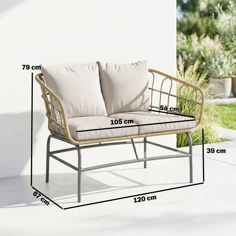 Outsunny Canapé de Jardin 2 Places en Résine Tressée Coussins Épais Anti-glisse 120 x 67 x 79 cm Marron