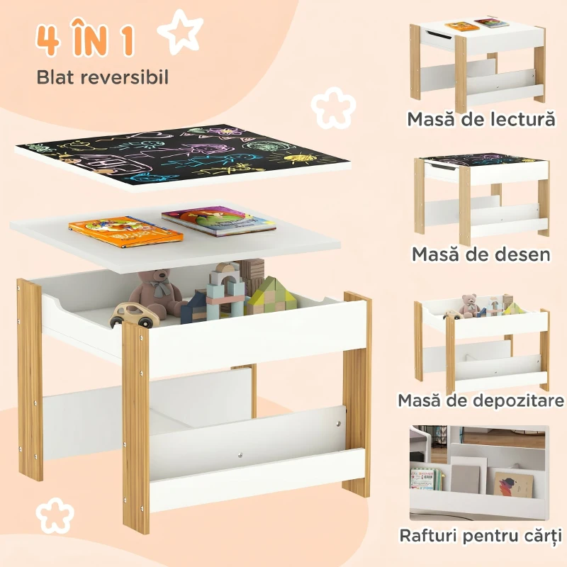 HOMCOM Set masă copii 3 în 1 cu 2 scaune, tablă detașabilă, bibliotecă și cutii textile, natur, 3-8 ani