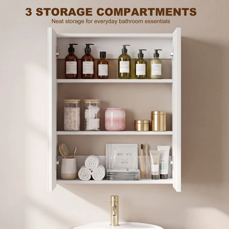 HOMCOM Wall Mounted Bathroom Mirror Storage Cabinet w/ Door Adjustable Shelf, White