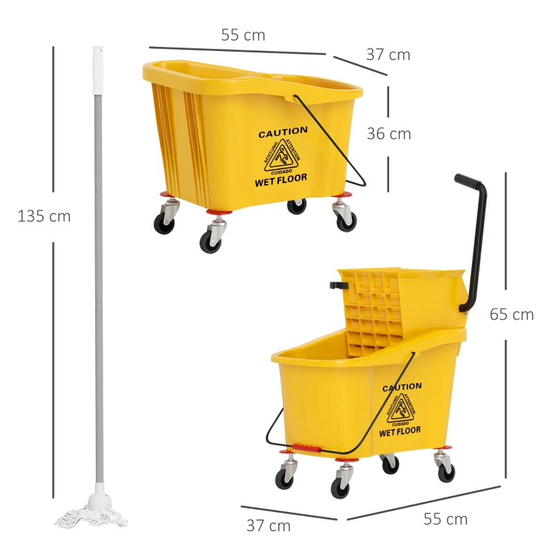 HOMCOM Secchio Lavapavimenti Professionale 36L con Mocio, Strizzatore, Ruote e Manico, 55x37x65 cm, Giallo