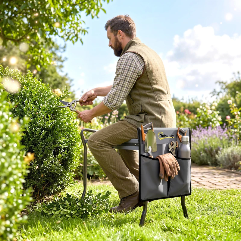 Outsunny Tabouret de Jardin Pliable 2 en 1, Coussin en Mousse EVA et 4 Poches à Outils Amovible, Charge 150kg, 58x28x49cm, Gris