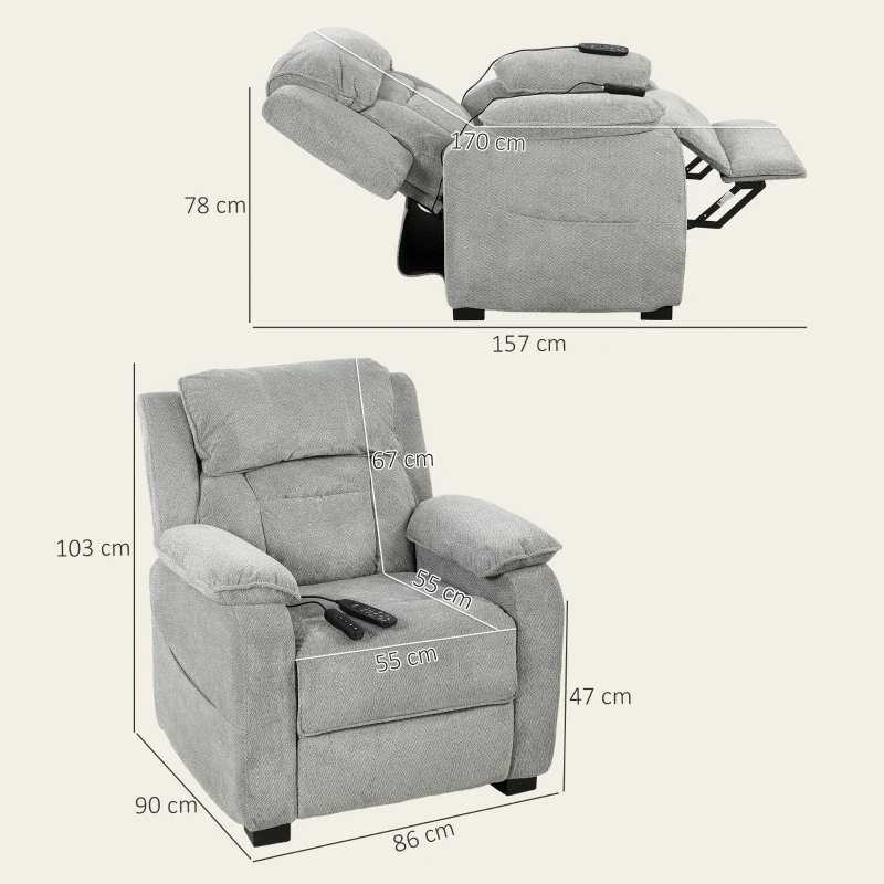 HOMCOM Power Recliner Armchair with Massage and Heat, Electric Reclining Chair with Wide Spring Seat, Light Grey