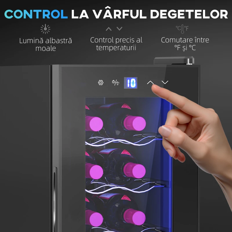 HOMCOM Frigider pentru 12 sticle cu Control Dublu al Temperaturii, Rafturi Reglabile și Iluminare, Negru