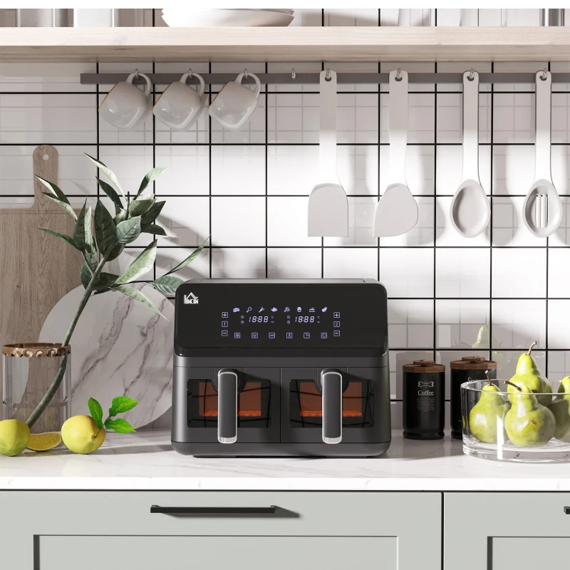 HOMCOM Fritadeira sem Óleo Dupla 8L 2500W com 8 Programas Ecrã LED Tátil Temperatura Ajustável 80-200°C Temporizador e Cesta Antiaderente 38,5x38x30,5 cm Preto