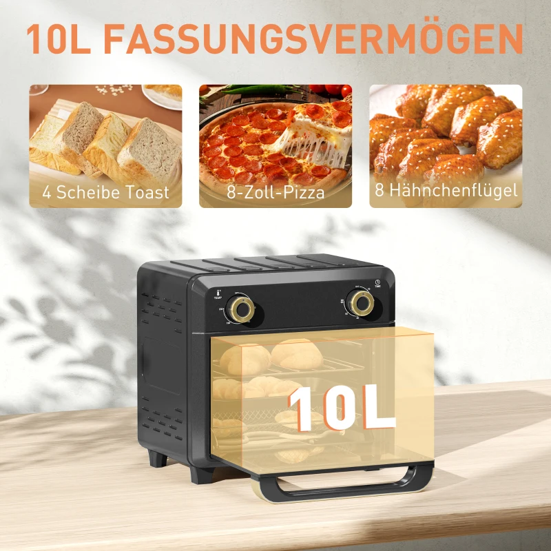 HOMCOM Minibackofen mit Umluft, Heißluftfritteuse, Timer, Innenbeleuchtung, 10L, Schwarz