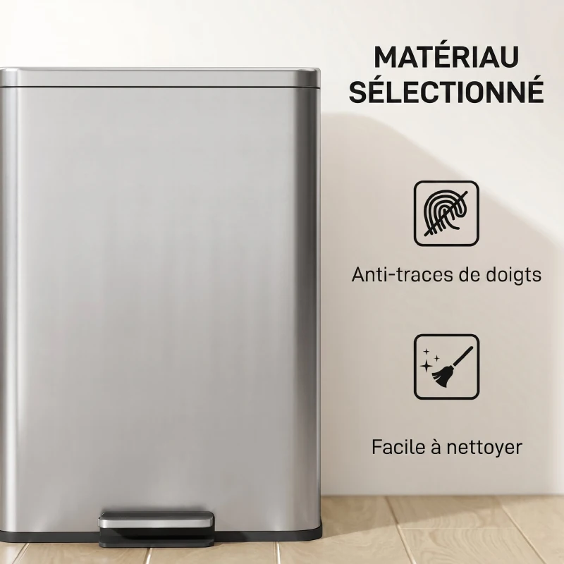 HOMCOM Poubelle de Cuisine 20 L en Acier Inoxydable, Poubelle avec Pédale, Couvercle à Fermeture Douce, Argenté