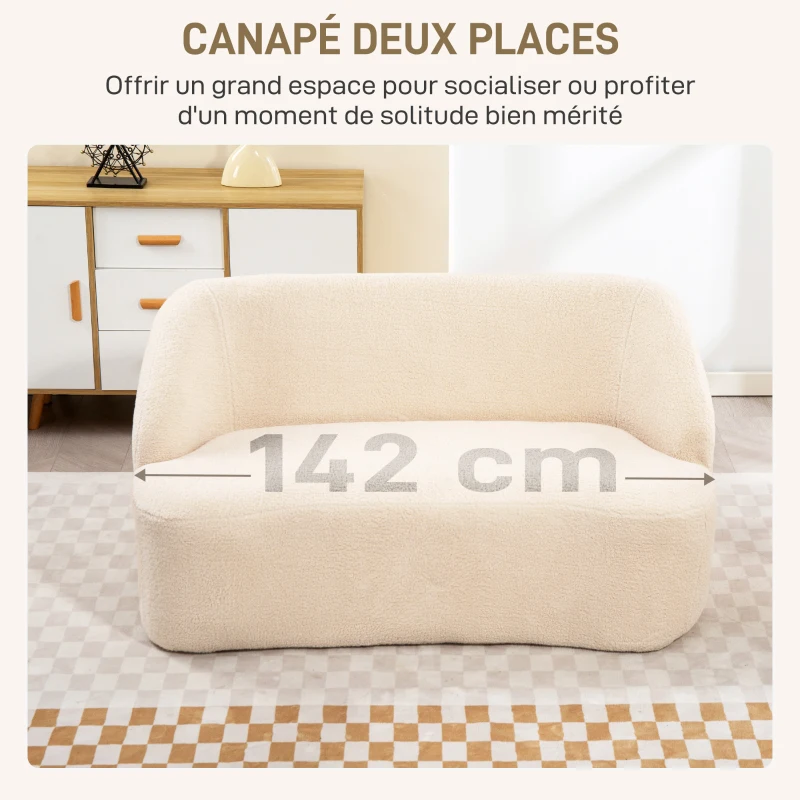 HOMCOM Canapé 2 places canapé en tissu bouclette 142 cm avec dossier et assise incurvés, aucun assemblage requis, beige