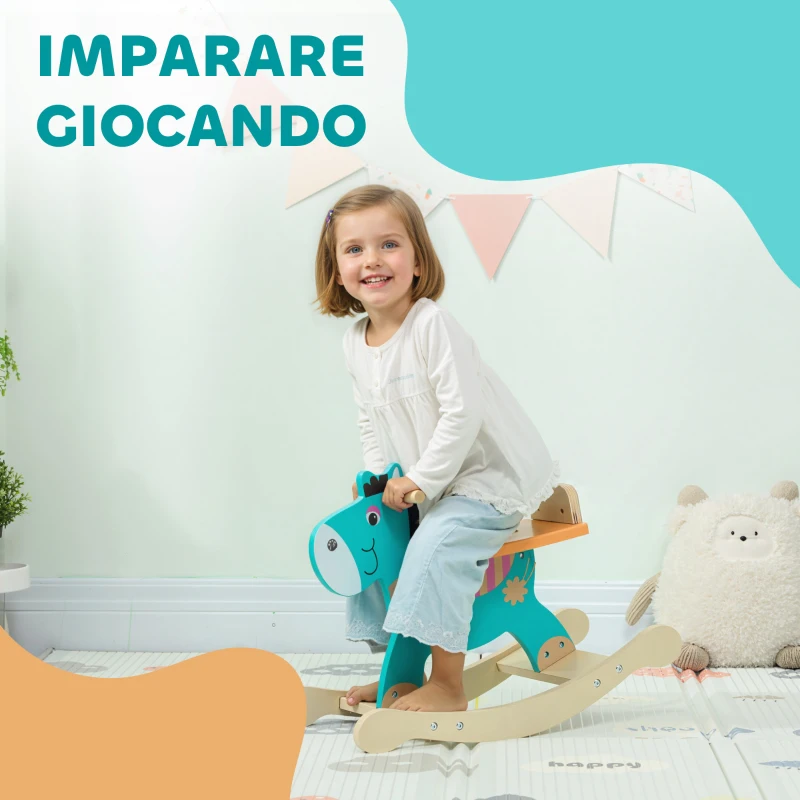 AIYAPLAY Cavallo a Dondolo a Forma di Asino per Bambini con Base Larga, in Legno, 59x27x43 cm, Verde Scuro e Arancione