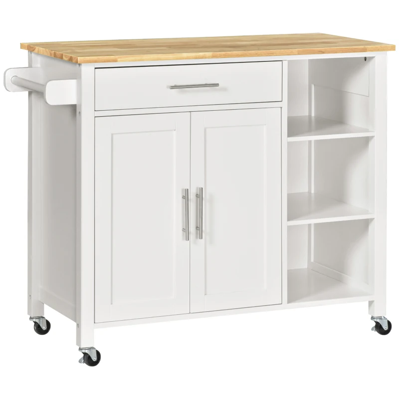 HOMCOM Carrinho de Cozinha com Rodas 1 Gaveta 2 Portas 3 Prateleiras Abertas e Barra lateral 107,5x48x89cm Branco