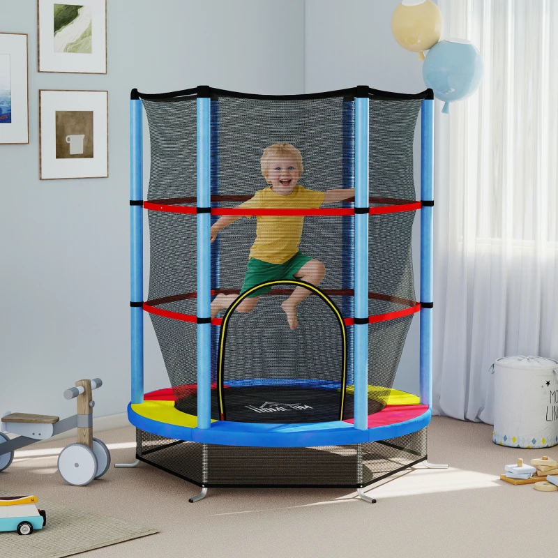 HOMCOM Trampolim Infantil Ø140x190 cm Trampolim para Crianças de 3-6 Anos com Rede de Segurança Carga 45 kg para Interior Azul