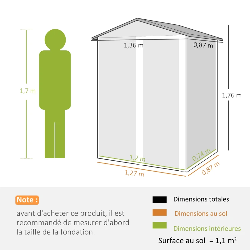 Outsunny Abri de jardin en métal 1,2 m², cabane jardin extérieure, porte coulissante verrouillable et gants, 136x87x176cm, gris