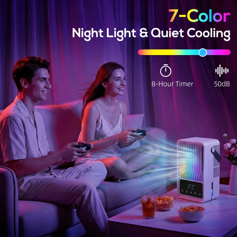 HOMCOM Portable Air Conditioner, 4-in-1 Mini Air Cooler with 3 Wind Speed, 2 Mist Mode, 7 Colour RGB Light, Black and White