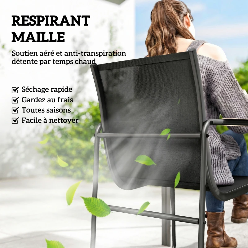 Outsunny Ensemble de Salle à Manger d'Extérieur 7 Pièces pour 6 Personnes, Table en Verre et Chaises avec Accoudoirs Décoratifs, Maille Résistante aux Intempéries, Noir