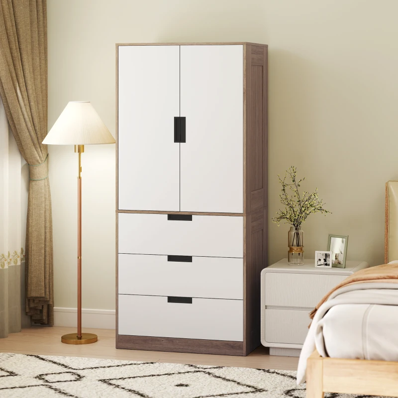 HOMCOM Armoire 2 portes, armoire moderne avec 3 tiroirs et tringle de suspension pour chambre à coucher, marron