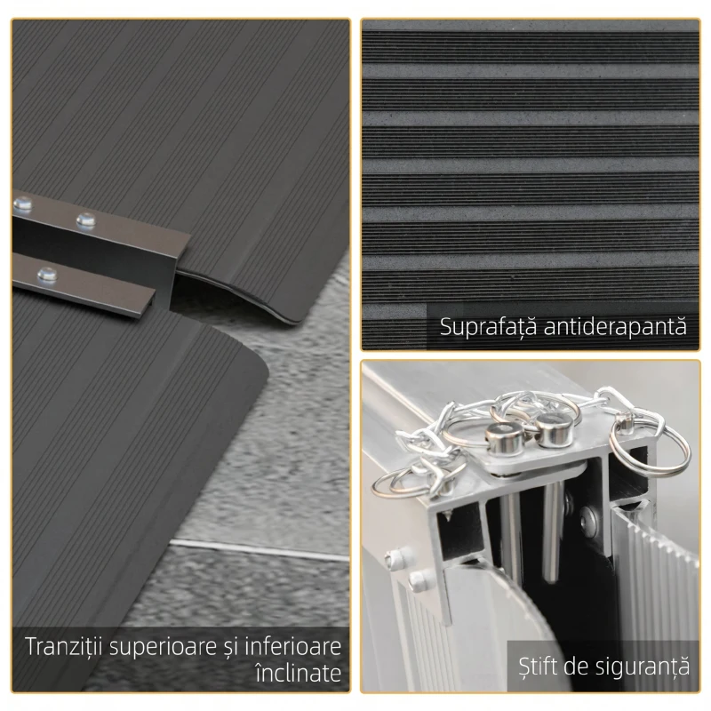 HOMCOM Rampă pliabilă pentru scaun cu rotile din aluminiu cu deflectoare și autocolante, 122x73,6x5,1 cm, neagră
